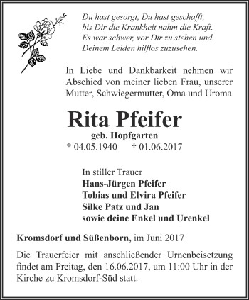 Traueranzeige von Rita Pfeifer von Thüringer Allgemeine, Thüringische Landeszeitung