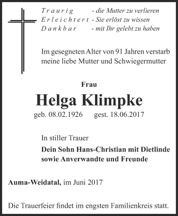 Traueranzeige von Helga Klimpke von Ostthüringer Zeitung