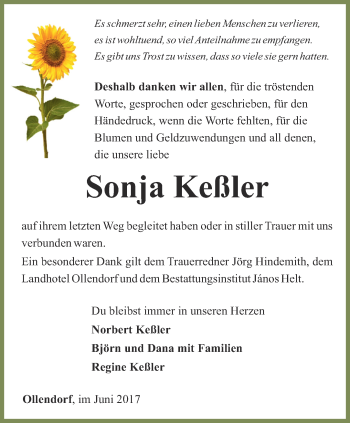 Traueranzeige von Sonja Keßler von Thüringer Allgemeine, Thüringische Landeszeitung