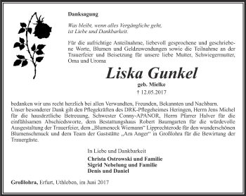 Traueranzeige von Liska Gunkel von Thüringer Allgemeine