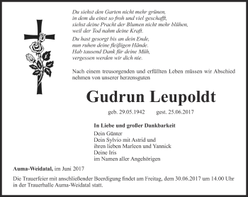 Traueranzeige von Gudrun Leupoldt von Ostthüringer Zeitung