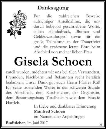 Traueranzeige von Gisela Schoen von Thüringer Allgemeine