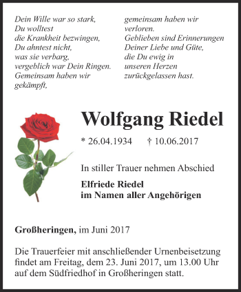 Traueranzeige von Wolfgang Riedel von Thüringer Allgemeine, Thüringische Landeszeitung