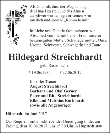 Traueranzeige von Hildegard Streichhardt von Thüringer Allgemeine, Thüringische Landeszeitung