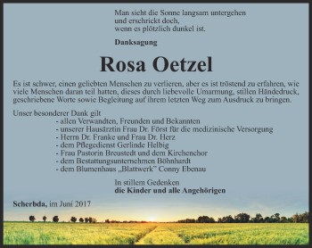 Traueranzeige von Rosa Oetzel von Thüringer Allgemeine, Thüringische Landeszeitung