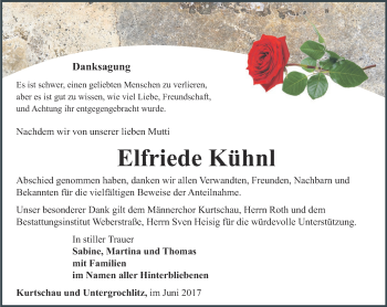 Traueranzeige von Elfriede Kühnl von Ostthüringer Zeitung