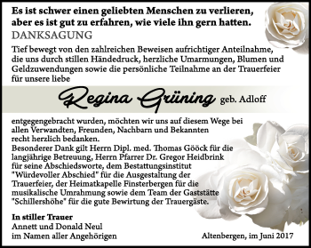 Traueranzeige von Regina Grüning von Ostthüringer Zeitung, Thüringische Landeszeitung