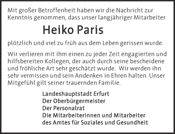 Traueranzeige von Heiko Paris von Thüringer Allgemeine, Thüringische Landeszeitung