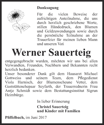 Traueranzeige von Werner Sauerteig von Thüringer Allgemeine, Thüringische Landeszeitung