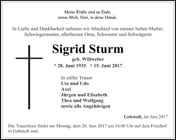 Traueranzeige von Sigrid Sturm von Thüringer Allgemeine, Thüringische Landeszeitung