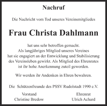 Traueranzeige von Christa Dahlmann von Ostthüringer Zeitung