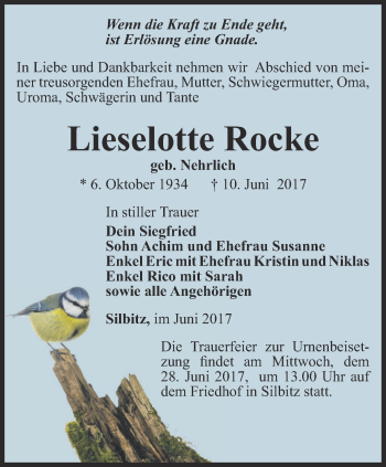 Traueranzeige von Lieselotte Rocke von Ostthüringer Zeitung