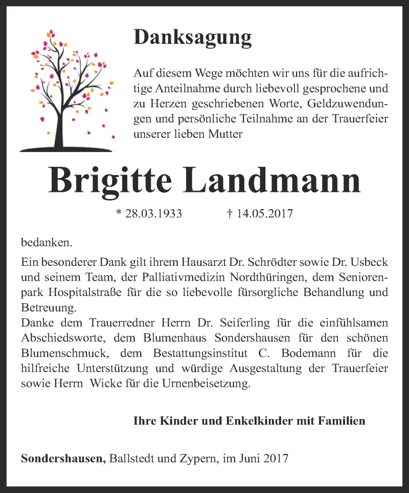  Traueranzeige für Brigitte Landmann vom 10.06.2017 aus Thüringer Allgemeine