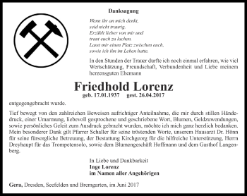 Traueranzeige von Friedhold Lorenz von Ostthüringer Zeitung