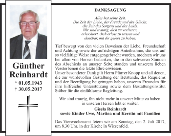 Traueranzeige von Günther Reinhardt von Thüringer Allgemeine