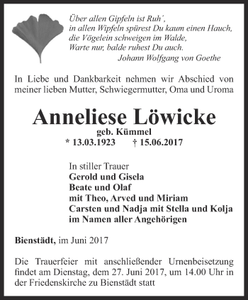 Traueranzeige von Anneliese Löwicke von Thüringer Allgemeine, Thüringische Landeszeitung