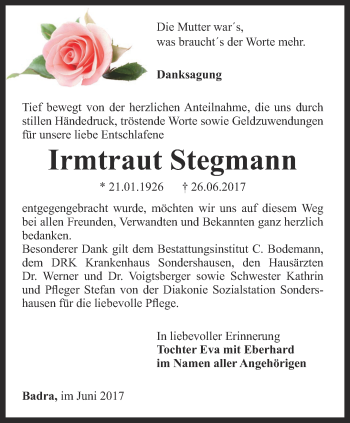Traueranzeige von Irmtraut Stegmann von Thüringer Allgemeine