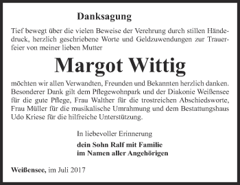 Traueranzeige von Margot Wittig von Thüringer Allgemeine