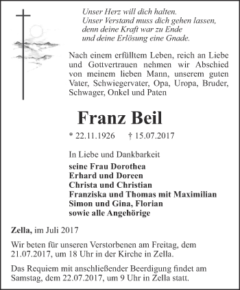 Traueranzeige von Franz Beil von Thüringer Allgemeine, Thüringische Landeszeitung