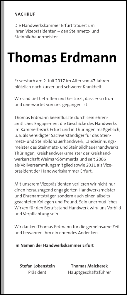  Traueranzeige für Thomas Erdmann vom 08.07.2017 aus Thüringer Allgemeine, Thüringische Landeszeitung