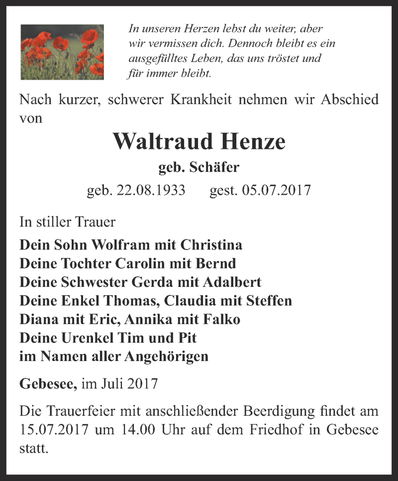  Traueranzeige für Waltraud Henze vom 11.07.2017 aus Thüringer Allgemeine, Thüringische Landeszeitung