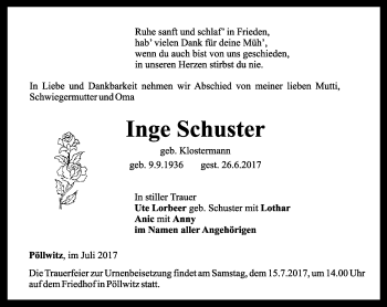 Traueranzeige von Inge Schuster von Ostthüringer Zeitung