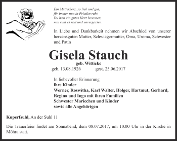 Traueranzeige von Gisela Stauch von Thüringer Allgemeine, Thüringische Landeszeitung