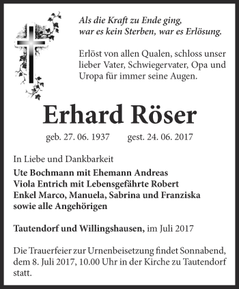 Traueranzeige von Erhard Röser von Ostthüringer Zeitung