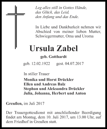 Traueranzeige von Ursula Zabel von Thüringer Allgemeine