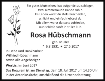 Traueranzeige von Rosa Hübschmann von Thüringer Allgemeine