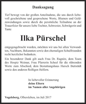 Traueranzeige von Ilka Pürschel von Thüringer Allgemeine