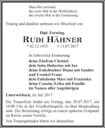 Traueranzeige von Rudi Hähner von Ostthüringer Zeitung