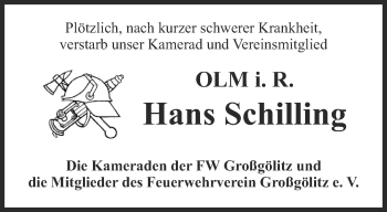 Traueranzeige von Hans Schilling von Ostthüringer Zeitung