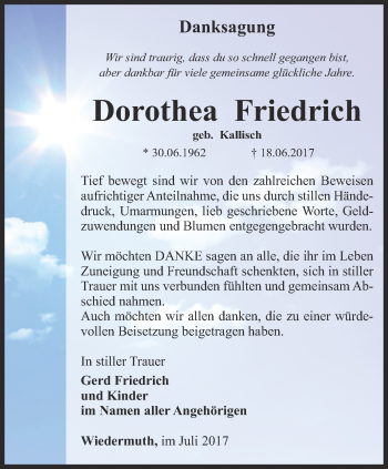 Traueranzeige von Dorothea Friedrich von Thüringer Allgemeine