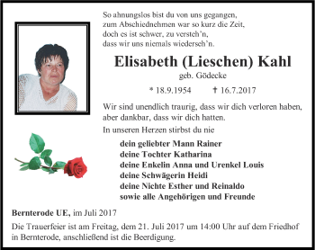 Traueranzeige von Elisabeth L Kahl von Thüringer Allgemeine