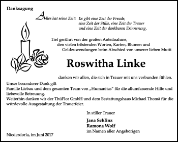 Traueranzeige von Roswitha Linke von Thüringer Allgemeine, Thüringische Landeszeitung