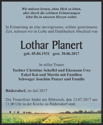 Traueranzeige von Lothar Planert von Ostthüringer Zeitung