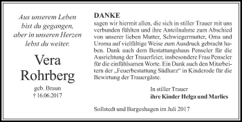 Traueranzeige von Vera Rohrberg von Thüringer Allgemeine