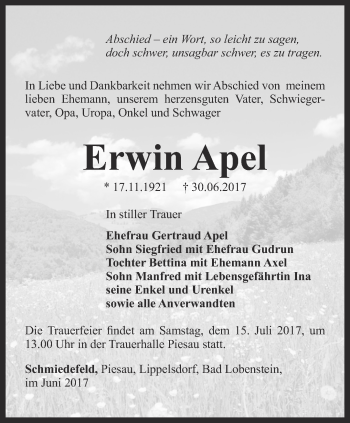 Traueranzeige von Erwin Apel von Ostthüringer Zeitung