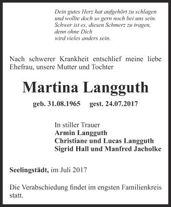 Traueranzeige von Martina Langguth von Ostthüringer Zeitung