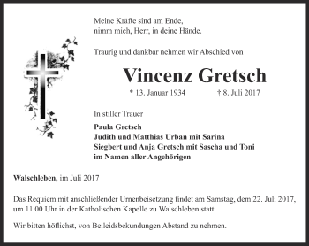 Traueranzeige von Vincenz Gretsch von Thüringer Allgemeine, Thüringische Landeszeitung