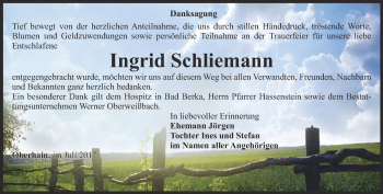 Traueranzeige von Ingrid Schliemann von Ostthüringer Zeitung