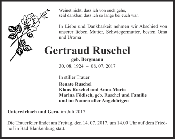 Traueranzeige von Gertraud Ruschel von Ostthüringer Zeitung