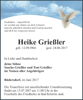 Traueranzeige von Heike Grießler von Ostthüringer Zeitung