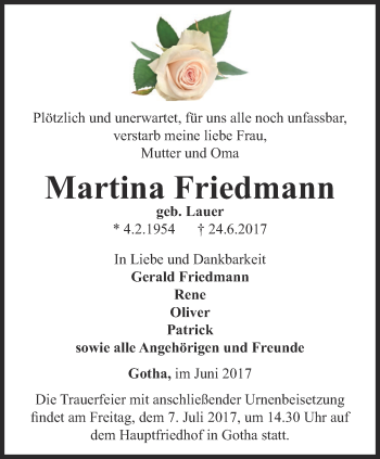 Traueranzeige von Martina Friedmann von Ostthüringer Zeitung, Thüringische Landeszeitung