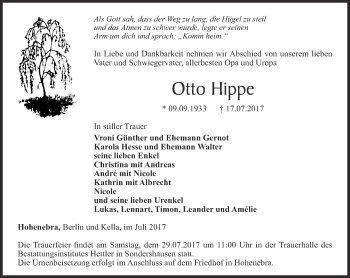 Traueranzeige von Otto Hippe von Thüringer Allgemeine