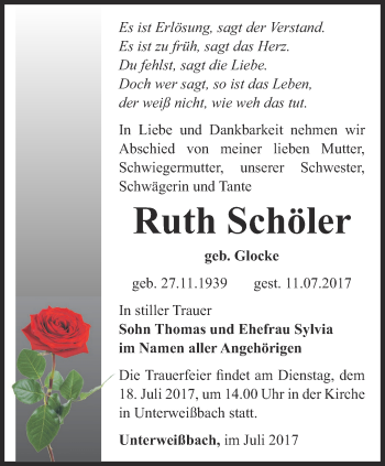 Traueranzeige von Ruth Schöler von Ostthüringer Zeitung