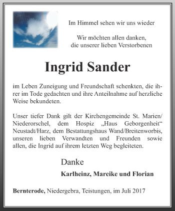 Traueranzeige von Ingrid Sander von Thüringer Allgemeine