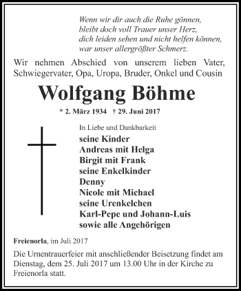 Traueranzeige von Wolfgang Böhme von Ostthüringer Zeitung, Thüringische Landeszeitung