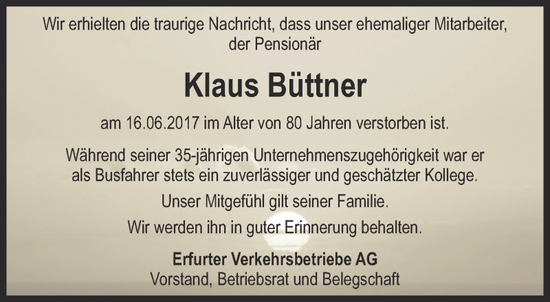  Traueranzeige für Klaus Büttner vom 01.07.2017 aus Thüringer Allgemeine, Thüringische Landeszeitung